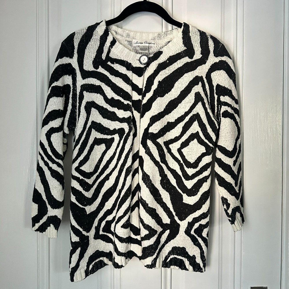 Marisa Christina Vintage Zebra Print Knit Cardigan Sweater Black White‎ – Size L